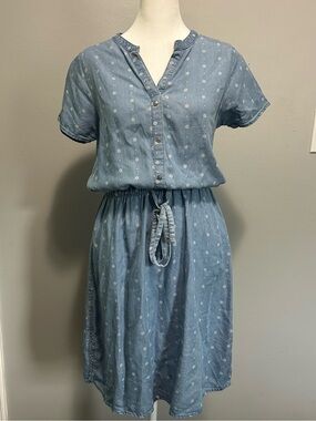 Blue Denim Tencel Dress Flower Polka Dots Tie Waist Soft Draping Cottagecore S